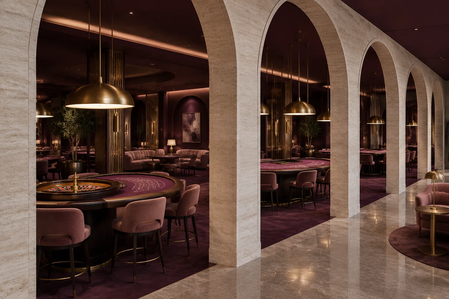 Casino lounge s ruletou a blackjackem za kamennými oblouky